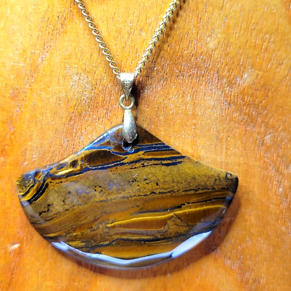 Fan Shaped Tigers Eye Gemstone Pendant with 18K Gold Plated Bail - No Chain